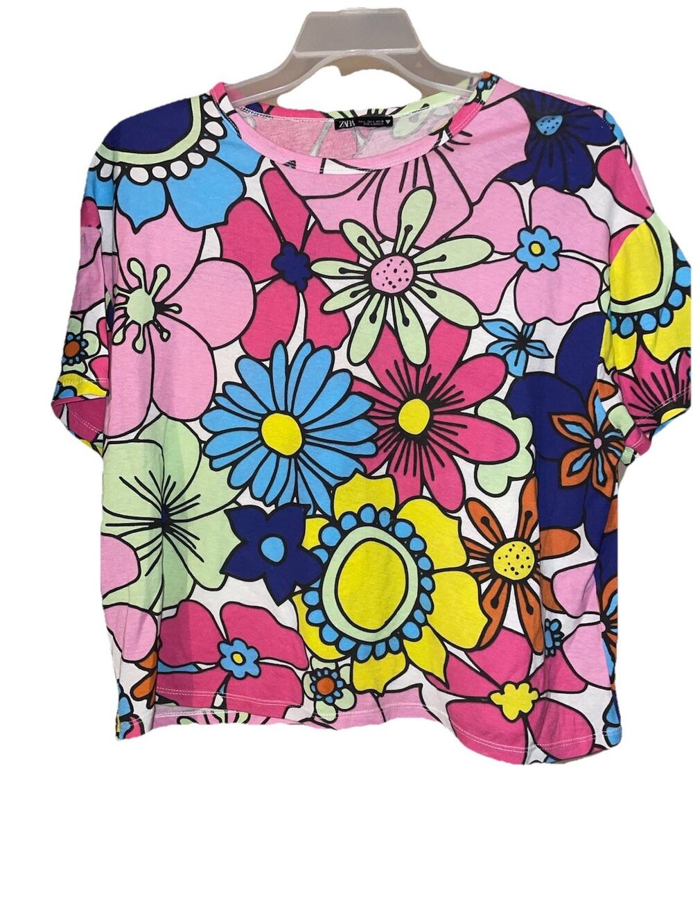 Zara Women’s Short Sleeve Top Floral Large Print Flowers Retro Style Sz Large